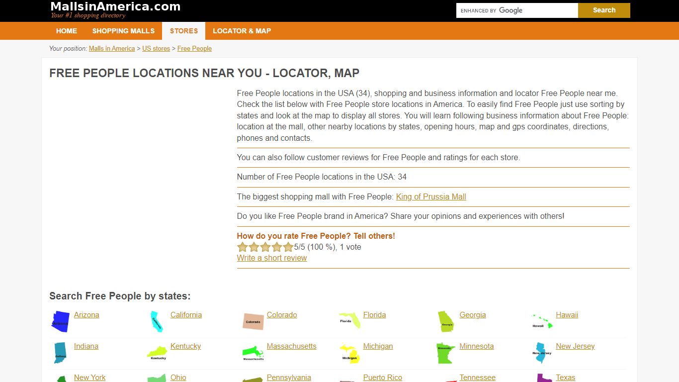 Free People in the USA - locations near you, hours info, map | Malls in ...